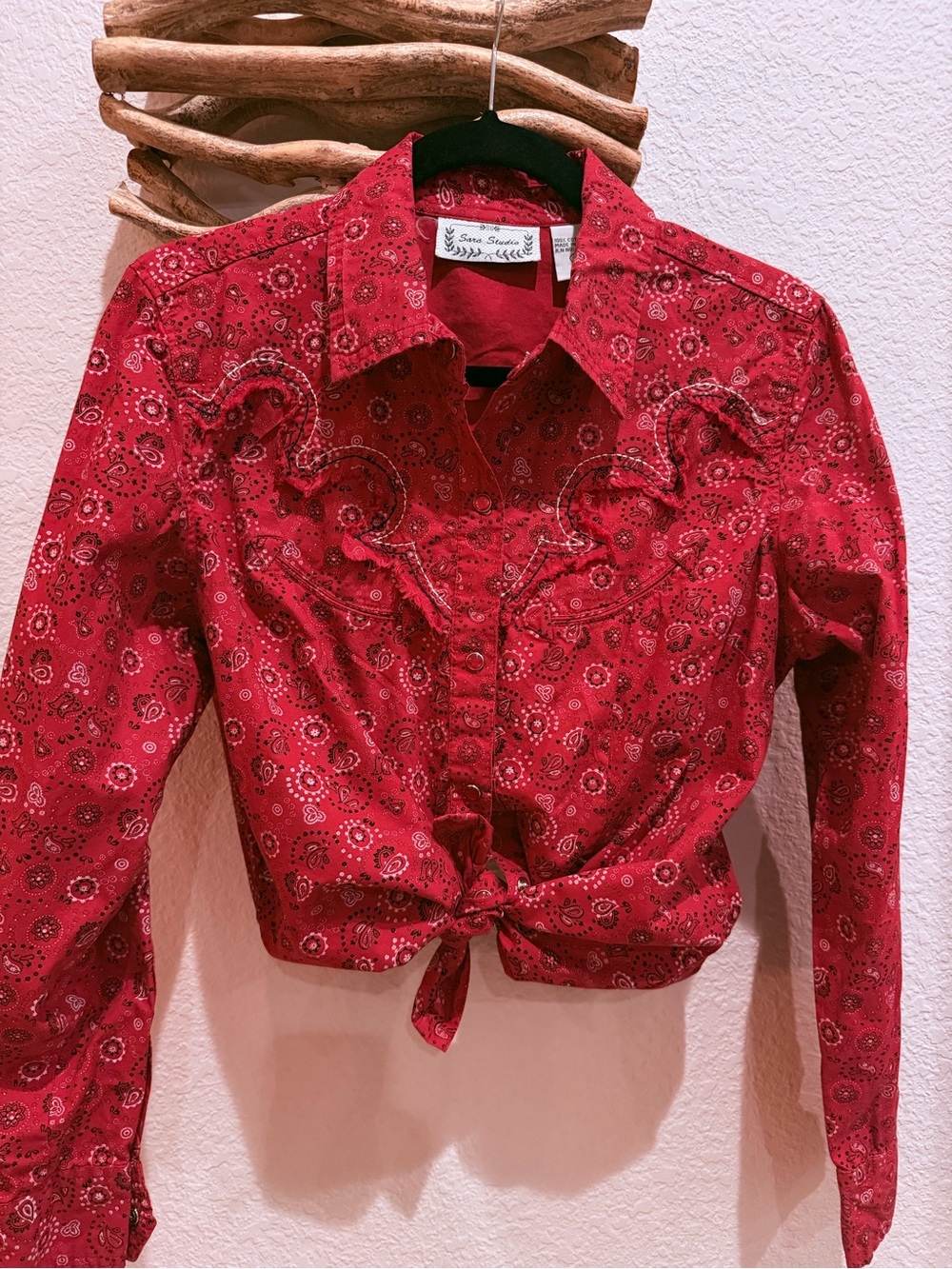VTG 90’s Y2K Country Western Bandana sz L cowgirl Shirt SARA STUDIO ranch rodeo